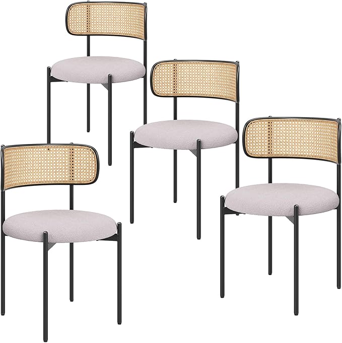 Farini Dining Chairs Set of 2,Mid-Century Modern Kitchen Chair Rattan Backrest Round Upholstered Sherpa Dining Chairs with Metal Legs,Light Grey