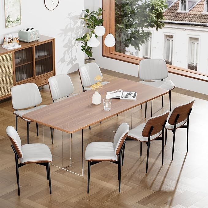 YaFiti Dining Chairs Set of 6, Dining Room and Kitchen Chairs, FSC Certified Mid Century Modern Accent Chair, Upholstered PU Leather Chairs for Vanity with Walnut Bentwood and Metal Legs, White