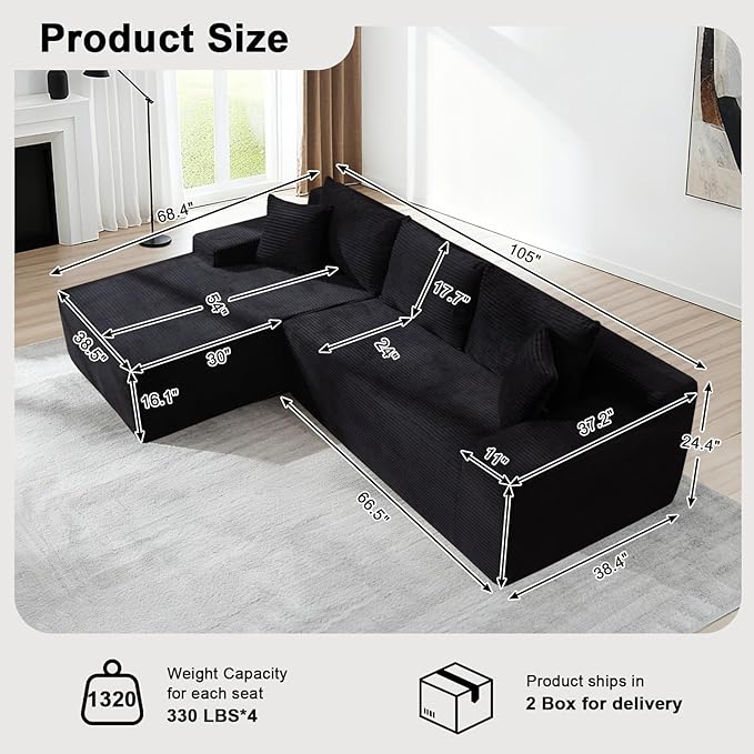 105" Cloud Modular Sectional Couch with L-Shape Chaise, Upholstered Corduroy Couches for Living Room, No Assembly Required Deep Seat Boneless Sofa