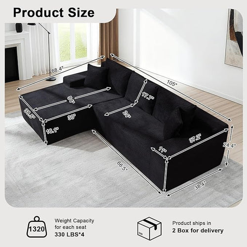 105" Cloud Modular Sectional Couch with L-Shape Chaise, Upholstered Corduroy Couches for Living Room, No Assembly Required Deep Seat Boneless Sofa