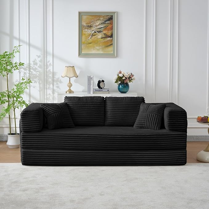Folding Sofa Bed, Corduroy Loveseat Sleeper with Fixed-Shape Frame, No Assembly Needed Futon Couch, Convertible Floor Sofa Lounge Couch for Living Room, Bedroom, Lounge Studio, Black