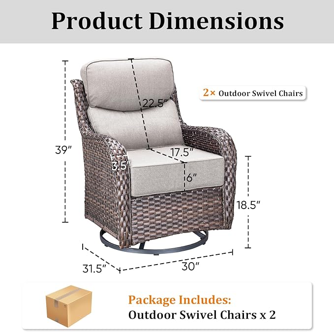 Pugire Luxury Outdoor Swivel Rocker Patio Chairs Set of 2 with 6-Inch Thick Cushions, High Back Swivel Patio Chairs Wicker Outdoor Gliders for Porch, Yard, Deck, Poolside, Brown/Beige