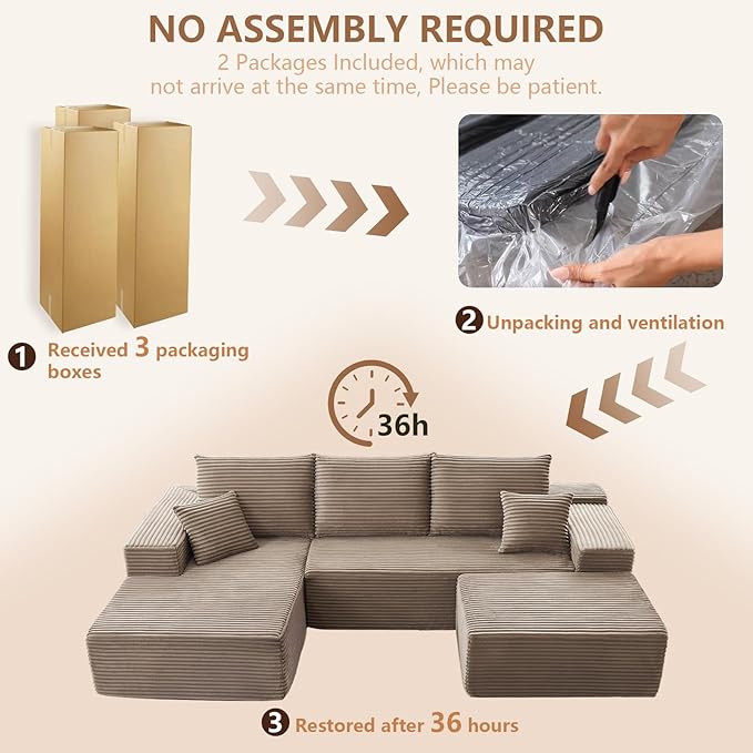 107.5" W Cloud Sectional Couch with Ottoman,Modern U-Shaped Cloud Couch with Deep Seat,Comfy Corduroy 4-Seater Sofa,Memory Foam Sofa for Living Room,No Assembly (Camel,Left-Facing Chaise)