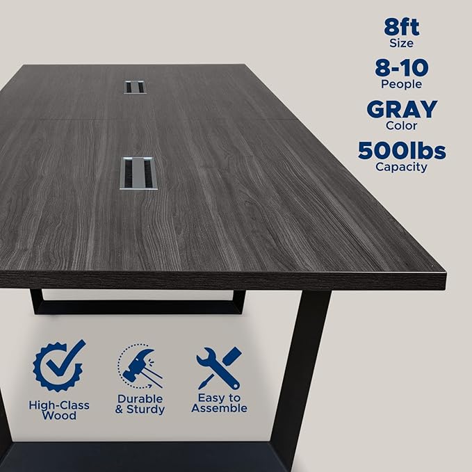 ahliss Sturdy Conference Table with Cable Management Grommets Modern Rectangle Office Meeting Table with Wood Tabletop and Metal Frame & Legs- Easy Assembly Boardroom Table (Grey, 8 Foot)