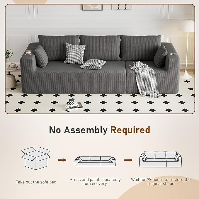 Furnimart 112" L-Shaped Modular Sectional Sofa with Ottoman, Boneless Cloud Couch with Chaise for Living Room, Modern Deep Seat Lounge Sleeper Couch Bed, No Assembly, Corduroy Dark Grey