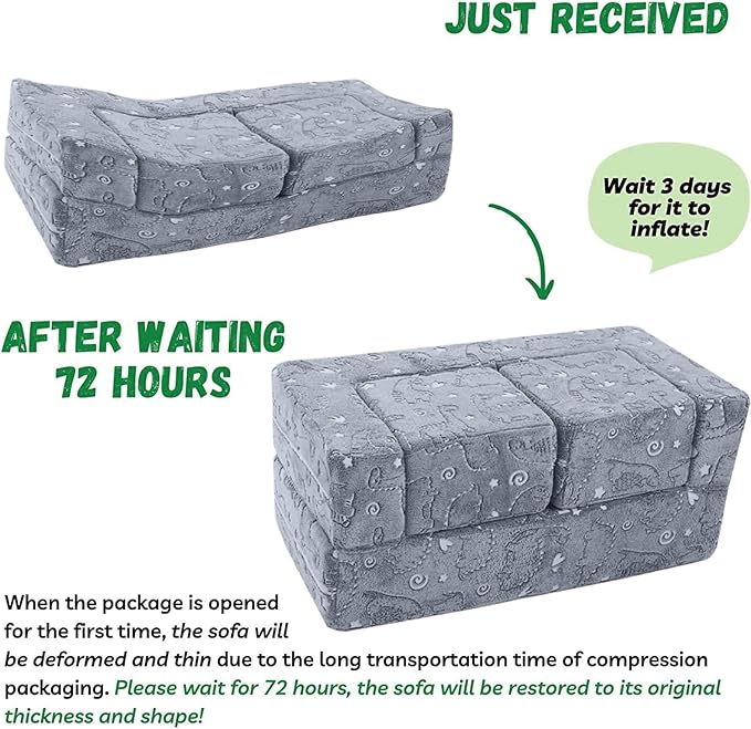 MeMoreCool Dinosaur Glow Foam Kids Play Couch Set, Gray Modular Sofa & Lounger – Glow-After-Light Dinosaur Pattern, Machine-Washable Cover