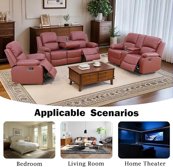 Caberryne Leather Recliner Sofa Set，Leather Reclining Couch for Living Room Furniture Sets，Red Recliner Couch with 5 Recliners for Living Room/Office/Theater Seating(Sofa Set 3 Pieces)