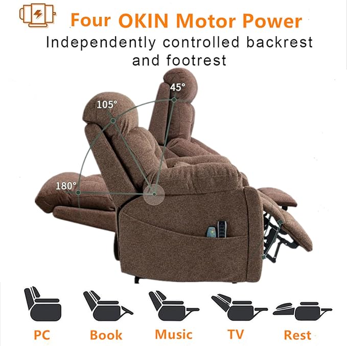 Oversized Lay Flat Power Lift Recliner Chair, 400lbs, 25.5in Extra Wide, 4-Motor, Heat and Massage, Hidden Cup Holder, Sleeping, Big Man, Elderly (Dark Brown)
