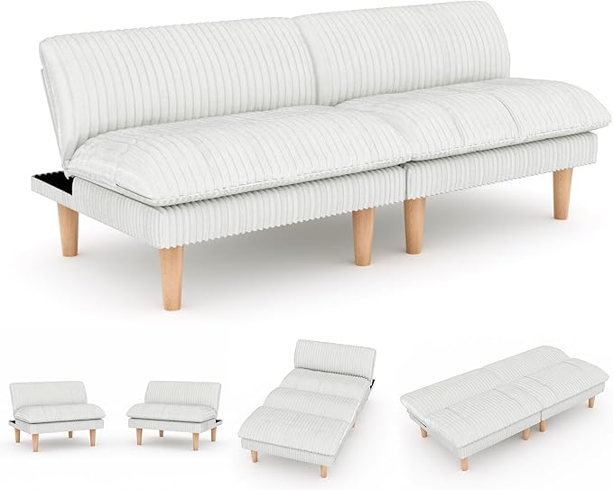 2 Sets 69" Futon Sofa Bed, 4 in 1 Multi-Function Couch Sleeper with Adjustable Backrest, Modern Convertible Futon, Recliner Small Loveseat for Living Room, Plush Beige