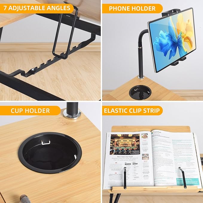 Laptop Desk in Bed, wishacc Adjustable Bamboo Lap Desk Table with Gooseneck Tablet Holder Mount for Laptop,Tablet,Phone,Book Reading