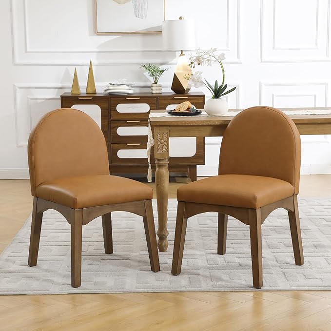 DUOMAY Modern Dining Chairs Set of 4, Mid Century Faux Leather Dining Room Chairs Upholstered Kitchen Chairs with Solid Rubberwood Legs, Armless Accent Side Chairs, Brown