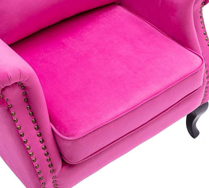 Janoray Mid Century Modern Accent Chair Upholstered Armchair Comfy Velvet Fabric Single Sofa with Tufted Wingback for Small Spaces Bedroom Living Room, Hot Pink