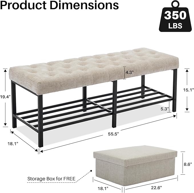 SOFTHION 55.5" End of Bed Bench, Modern Chenille Button Tufted Bedroom Bench, Upholstered Storage Shoe Bench with Metal Base, Dinning Table Bench for Living Room, Bedroom, Entryway, Light Brown