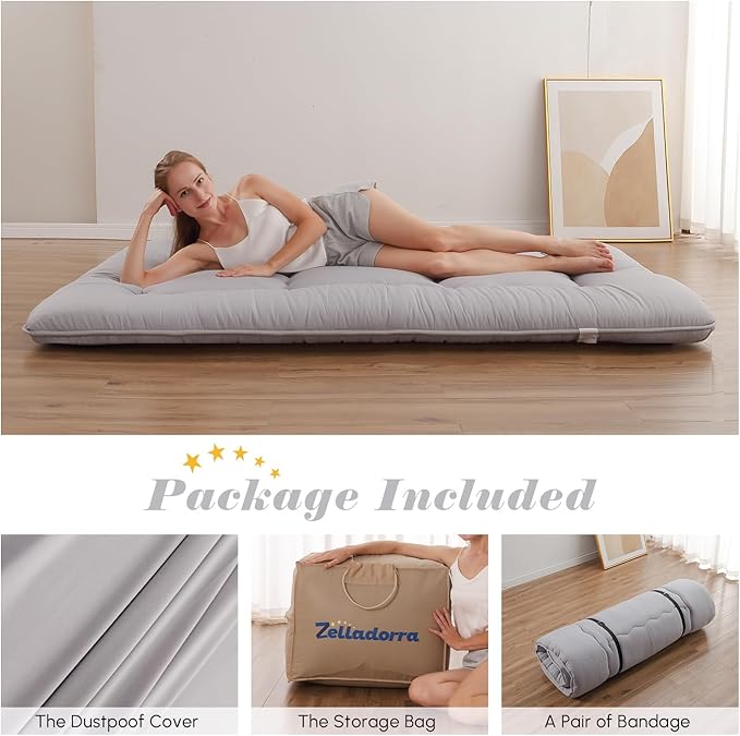 Japanese Floor Mattress, Futon Mattress with Storage Bag and Washable Cover, Roll Up Tatami Mat Suitable for Guest Room, Grey, Full