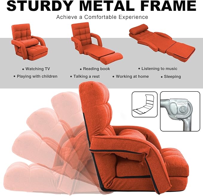Indoor Floor Chair with Armrest and Pillow Folding Chaise Lounge Sofa 14-Position Adjustable Comfy Gaming Recliner Chair Padded Seats for Adults (Orange)