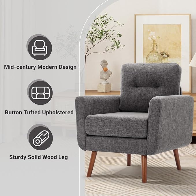 Tbfit Accent Chair, Reading Chair for Living Room & Bedroom, Mid Century Modern Arm Chair, Button Tufted Upholstered Accent Chairs Sofa with Solid Wood Frame, Grey | linen fabric, button tufted, solid wood foot, pocket spring, wood slats frame