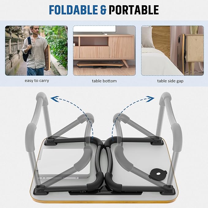 Zapuno Foldable Laptop Bed Table Multi-Function Lap Bed Tray Table with Storage Drawer and Water Bottle Holder, Serving Tray Dining Table with Slot for Eating, Working on Bed/Couch/Sofa