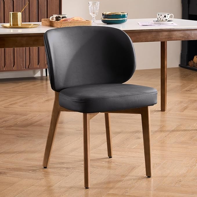 YOUNUOKE PU Leather Dining Chairs, Modern Dining Room Chair Set of 2 with Wood Legs, Curve Backrest Upholstered Comfy Side Kitchen Chairs, Black