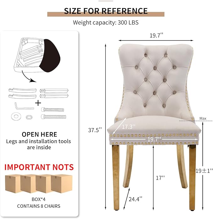 YeahFurn Mid Century Modern Dining Chairs Set of 8, Beige Velvet Upholstered Tufted Back, Kitchen & Dining Room Chairs, Gold Metal Legs, Nailhead Trim, Sillas para Comedor (Beige, 8 Pcs)
