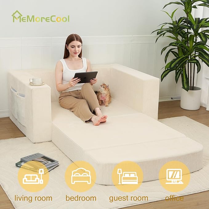 MeMoreCool Convertible Sofa Bed – Small Beige Fold Out Couch for Adults, Corduroy Floor Sleeper Loveseat Compact Trifold Sofa | Boneless Cloud Couch | No Assembly | Guest Bed for Bedroom & Apartment