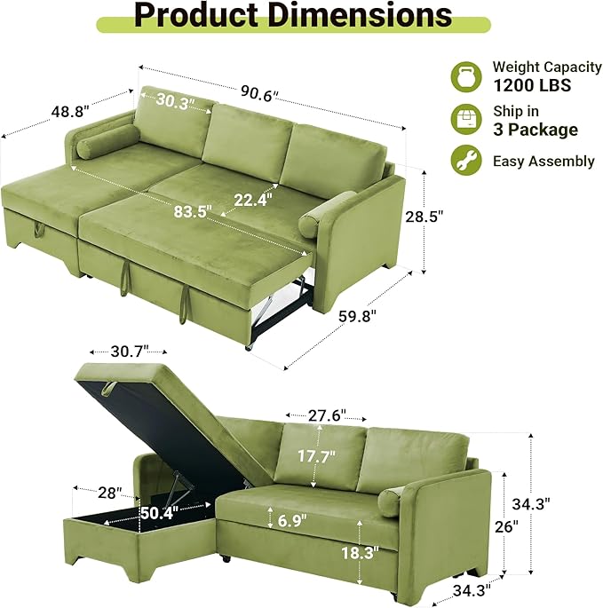 Tbfit 90.6'' 3 in 1 Sleeper Sofa Couch with Storage Chaise, Velvet Sofa Bed with Pull Out Bed, Convertible Sleeper Sofas for Living Room, Small Spaces, Green