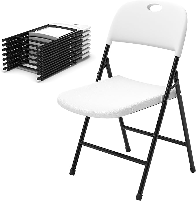 Folding Chairs, Plastic Foldable Chair, Outdoor Plastic Sturdy Metal Folding Chairs, Heavy Duty Foldable Commercial Seating for Picnic, Party, Patio 8 Pack White