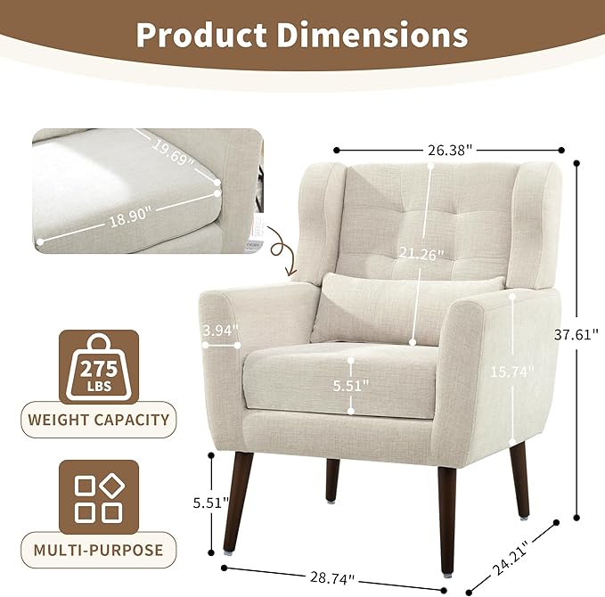 CHSICFOR Modern Accent Chair, Upholstered Arm Chair with Waist Pillow, Single Sofa Chair for Living Room Bedroom Small Spaces (Beige)