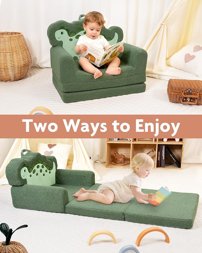 TinyPalsa Kids Couch, Convertible Sofa to Lounger Fold Out, Green Dinosaur Design Chair for Toddlers 1-3, Gift for Movie Night, Camping, and Napping