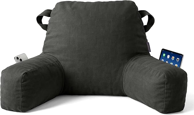 Unisakey Portable Comfy Reading Pillows for Bed Sitting Up(Grey Oeko-Tex), Velvet Back Pillow with Arms & Pockets for Adults, Support Memory Foam Bed Pillow for Dorm/Reading/Watching/Gaming