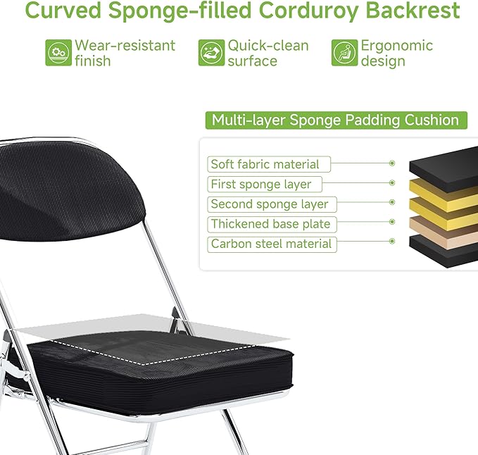 Real Relax Folding Chairs with Padded Thick Seat, Durable Corduroy Fabric, Portable Stackable Commercial Folding Office Chair with Steel Frame for Events Office Wedding Party,650LB,2 Pack,Black