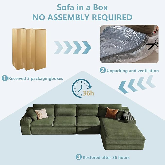136" Cloud Sectional Couch with L-Shape Chaise, Modern Corduroy Viral Boneless Sofa for Living Room,Memory Foam Couches in a Box with Deep Seat,No Assembly Required (Green,Right-Facing Chaise)