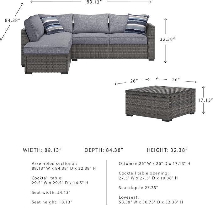 Signature Design by Ashley Petal Road Casual Nuvella Weather Resistant Fabric, Cushioned Outdoor Loveseat Sectional/Ottoman/Table Set with 2 Throw Pillows, Set of 4, Gray