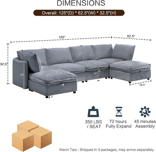 125" Oversized Modular 6 Seater Sofa with Removable Covers and Storage, Convertible U, L-Shaped and Sleeper Sectional, Modern Corduroy Couches with Ottoman Chaise for Living Room, Apartment, Gray