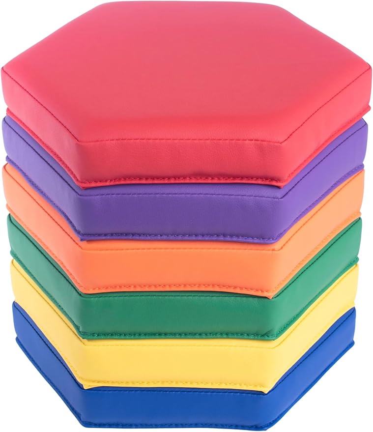 Schooled Cushioned Floor Seats - Set of 6 Hexagon Spot Markers for Early Childhood Floor Time - Flexible Seating