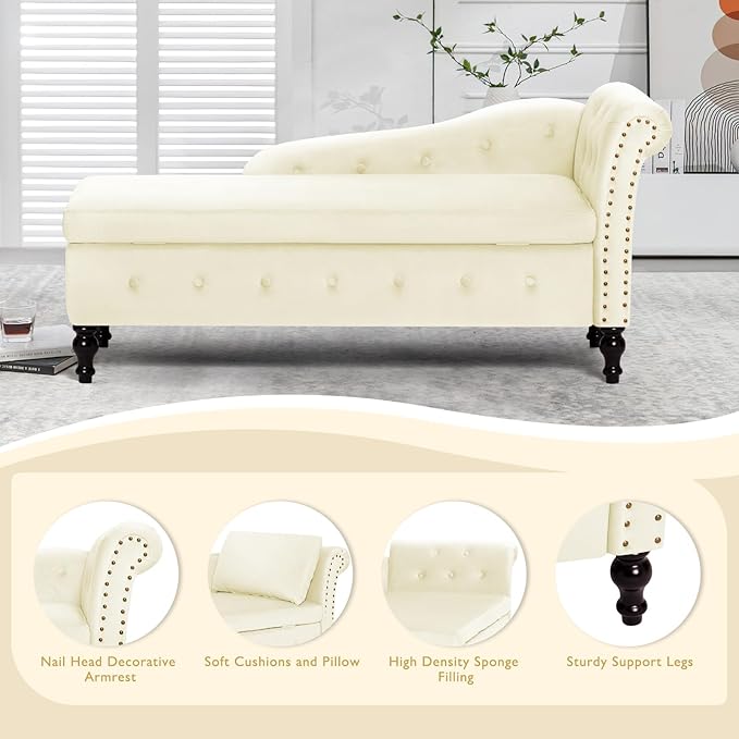 ACMEASE Upholstered Chaise Lounge with Right Armrest & Lumbar Pillow,Button Tufted Lounge Sofa with Storage,Lounge Chair Indoor,Modern Velvet Lounge Chair for Bedroom, Living Room and Office,Beige