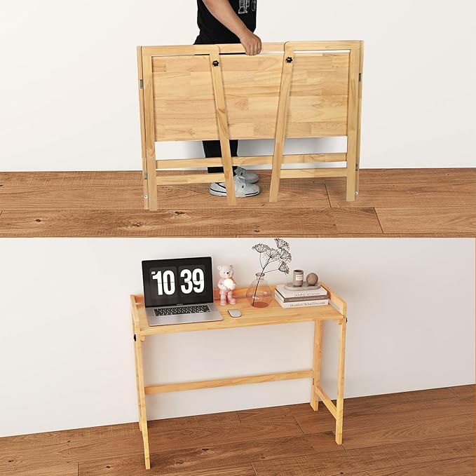 39" Solid Wood Folding Desk - Mid Century Modern Compact Workstation for Small Spaces, Home Office Computer Writing Study Desk with Natural Wood Finish
