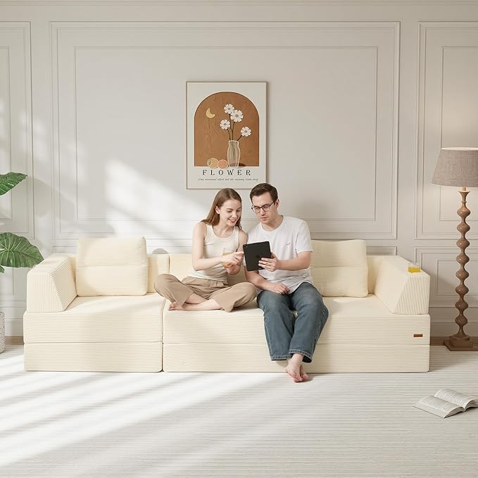 COMAX Futon Sofa Bed 3 Seater, 106" Convertible Sofa Bed Couches for Living Room, 4 in 1 Folding Boneless Sleeper Corduroy Couch Foam in a Box, Comfy Foldable Lounge Fold Out Floor Mattress, Beige