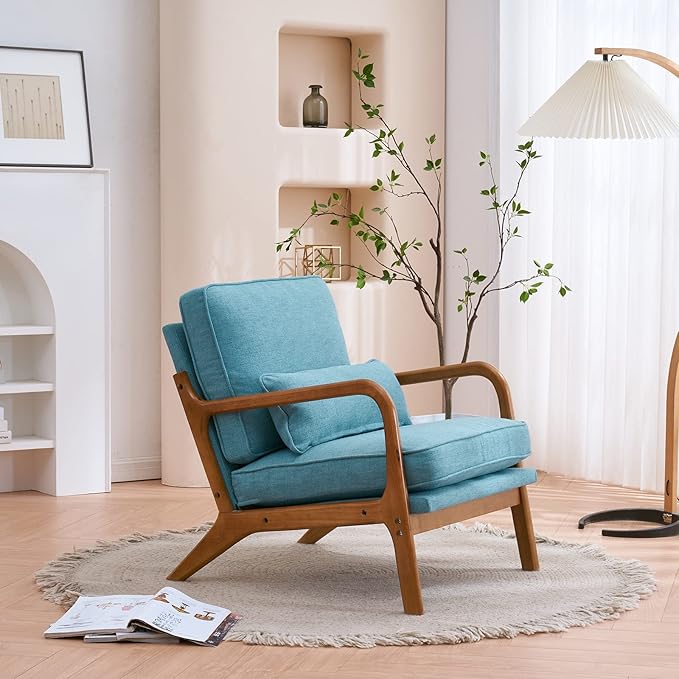 Bonnlo LinenTeal Mid Century Modern Accent Chair, Soild Wood Padding Lounge Armchairs Side Sitting Chairs for Living Room, Bedroom, Guest Room