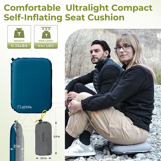 ATEPA Inflatable Seat Cushion, Self-Inflating Portable Stadium Airplane Travel Foam Cushion Pad for Camping, Sports Events, Outdoor