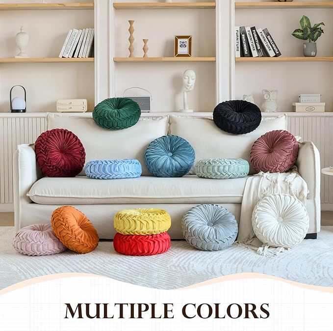 Teieas 2 Pcs Round Throw Pillows Decorative Pumpkin Velvet Boho Pleated Bed Pillows Back Support for Couch Chair Dorm Car 14.96'' (Lake Blue)