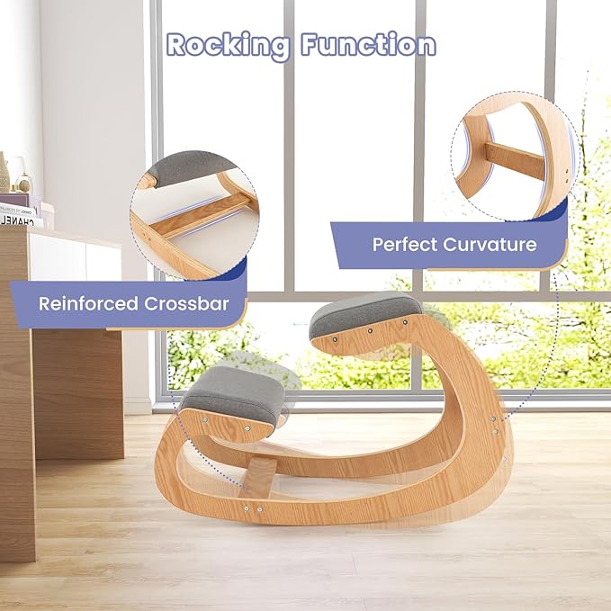 GOFLAME Ergonomic Kneeling Chair, Wooden Rocking Knee Chair with Comfortable Padded Seat Cushion & Knee Support for Home Office, Upright Posture Support Chair for Back Pain Relief (Gray)