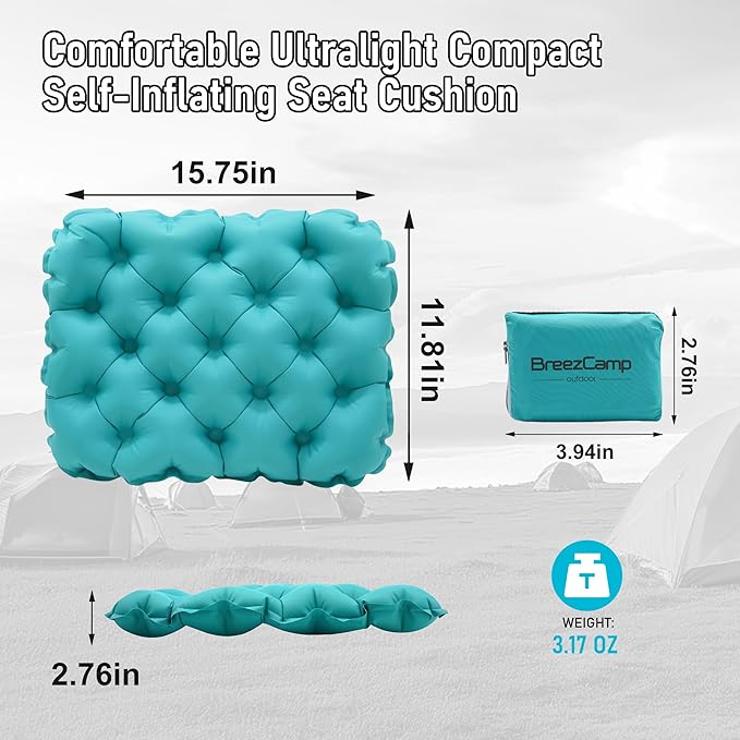 BreezCamp Inflatable Seat Cushion, Lightweight Stadium Seat Pad, Camping Accessories Chair Pad for Airplane Travel, Hiking, Climbing, Home and Office,Peacock Blue