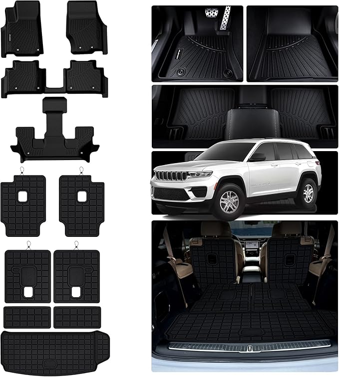 Floor Mats for 2021-2025 Jeep Grand Cherokee L 6 Seats (2nd Row Bucket Seats) & Cargo Mat & Backrest Mat,TPE All Weather Protection Car Mats 2nd & 3rd Row Covering The Backrest Accessories