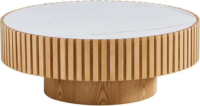 35.43''/90CM Modern Drum Coffee Table, Luxury Circle Wood Coffee Table for Apartment,Small Space (Original Wood(Oak), Ø35.43 x 13.77 Sintered Stone Tabletop)