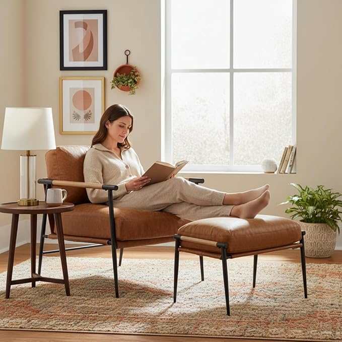 DUOMAY Mid Century Modern Accent Chair with Ottoman Set, PU Brown Upholstered Living Room Chair with Metal Legs Lazy Lounge Chair Set with Footrest for Bedroom Living Room