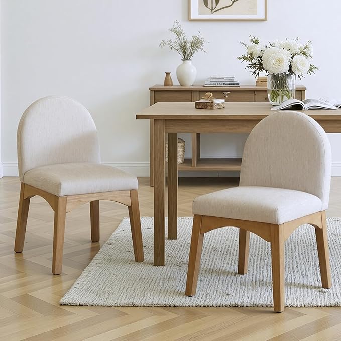 HNY Mid Century Modern Dining Chairs Set of 2, Linen Fabric Upholstered Dining Room Chairs Armless Kitchen Chairs with Solid Rubberwood Legs, Accent Side Chairs for Living Room, Beige