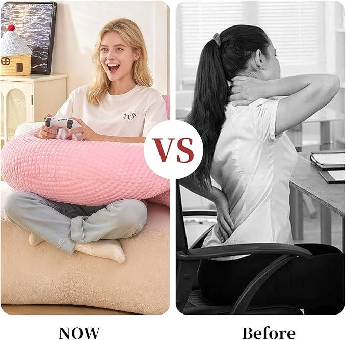 PAJEO Reading Pillow for Bed,U Shaped & Back Support Pillow for Bed,19" Backrest with Lumbar & Arm Support,Comfy Flannel Fabric,Lap Pillow for Gaming/Reading/Watching TV,Pink
