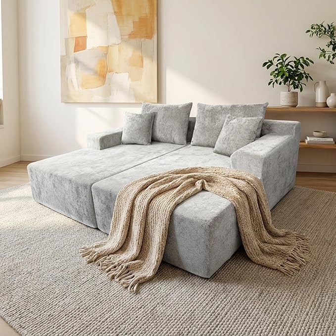 SYTOPIA Loveseat Chaise Lounge with Armrests, Oversized Sofa Bed with 4 Pillows, Cozy Boneless Sleeper, Modular Sectional Couch for Living Room Bedroom, Floor Chair Furniture sala Chenille, Urban Grey