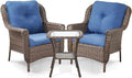 ACTREST 3 Piece Patio Brown Wicker Chairs with Side Table - Outdoor High Back Heavy Duty All-Weather Lawn Dining Rattan Chair Conversation Bistro Set for Deck Porch Balcony Backyard Garden - Navy Blue