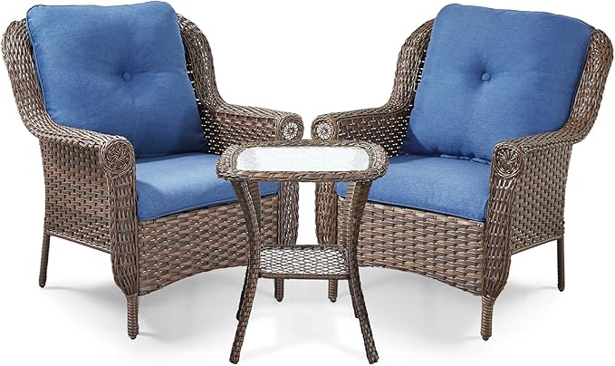 ACTREST 3 Piece Patio Brown Wicker Chairs with Side Table - Outdoor High Back Heavy Duty All-Weather Lawn Dining Rattan Chair Conversation Bistro Set for Deck Porch Balcony Backyard Garden - Navy Blue